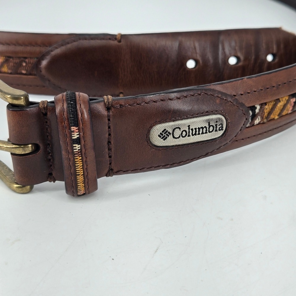 Columbia Mens Brown Leather Belt Woven Tapestry Inlay Modified Cut Tip Size 38